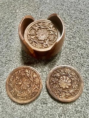 6 posavasos de madera vintage madera de teca hechos a mano flores talladas hechas en la India Foto 1 de 4