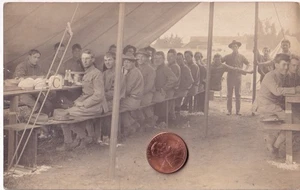 OREGON CLACKAMAS CAMP WITHYCOMBE 1909 REAL PHOTO POSTCARD SOLDIERS AT CHOW - Picture 1 of 2