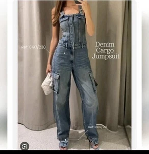 New Zara cargo denim jumpsuit straight leg wide blue Size M - Picture 1 of 11
