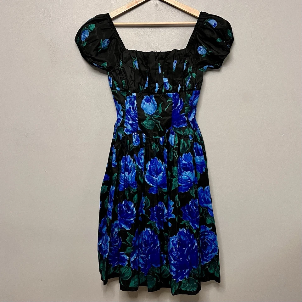 VTG 50s Suzy Perette Couture Blue Roses Print Party Dress Rockabilly Pin-Up  S/M - Image 1 of 4