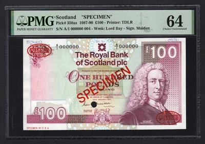 Scotland 100 Pounds 24-1-1990 P350as "Specimen N.004" Uncirculated Grade 64 - Image 1 of 2