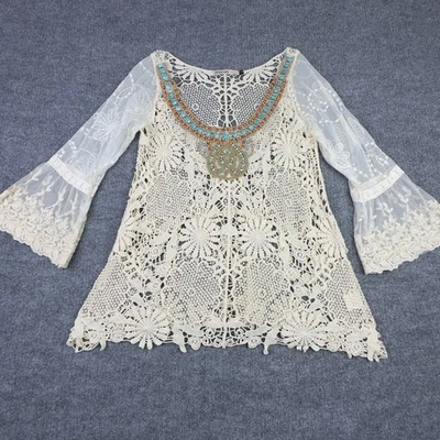 Origami by Vivien Shirt M Cream Lace Crochet Bell Sleeve Beaded Boho Romantic - Image 1 of 4