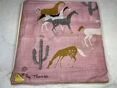 Vtg Peg Thomas Western Handkerchief Pink w/ Horses & Cacti Design Tammis Keefe - Image 1 of 4