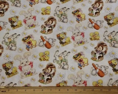 Tela Primavera - FELIZ PASCUA - RETRO Conejitos y Corderos en Crema - MEDIA yd (18") Foto 1 de 2