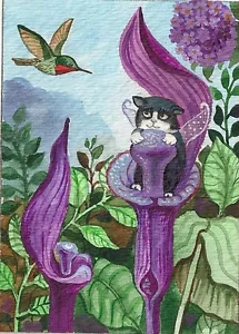 PRINT OF ACEO PAINTING RYTA KITTEN TUXEDO CAT FAIRY ANGEL FLOWERS HUMMINGBIRD - Picture 1 of 1