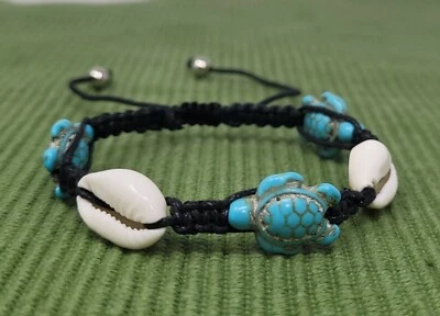 Pulsera Tortuga Turquesa Tortuga y Vaquera Sea Shell Negro Cáñamo Pulsera Trenzada Foto 1 de 4