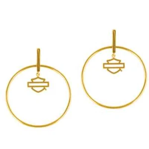 HSE0004 Harley-Davidson 30mm post dropped Hoop Gold Tone Earrings Logo B6 - Picture 1 of 1