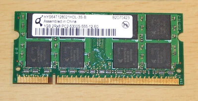 Quimonda RAM MEMORY Laptop - 1GB 2Rx8 PC2-5300S-555-12-E0 HYS64T128021HDL-3S-B - Image 1 of 4