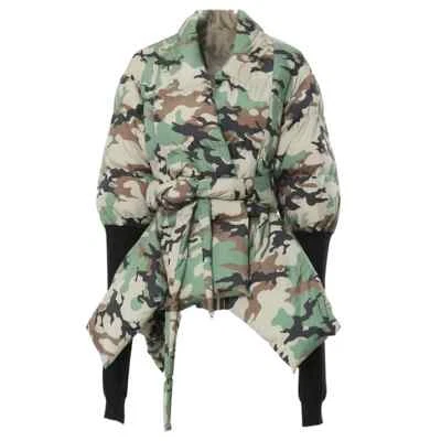 Ladies Green Black Camouflage Chic Street Edgy Belted  Puffa Jacket Coat 12 14 - Image 1 of 4