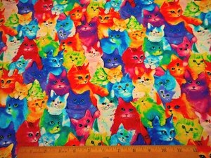 Cat Fabric By The Half-Yard Bright Rainbow Kitty Kitties TT Premium Quilt Cotton - Picture 1 of 2