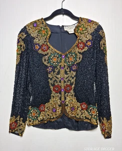 Haut chemisier vintage Oleg Cassini noir cravate femme petit multicolore orné de fleurs - Photo 1/16