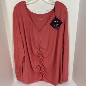 NWT Ava Viv Women’s 4X Coral Orange V Neck Ruched Front Tunic - Picture 1 of 8