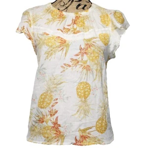 a.n.a. Womens Top Beige Floral Lace Accent Elastic Neck Cap Sleeve Petite Large - Picture 1 of 5