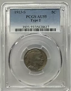 1913-S TY2 5C Buffalo Nickel graduación profesional AU 55 - Imagen 1 de 3