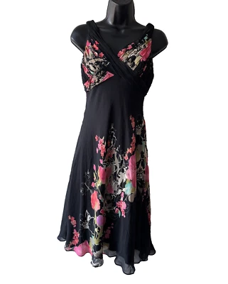 Adrianna Papell Fit & Flare Dress Size 4P Petite Black Floral V Neck Sleeveless - Image 1 of 4