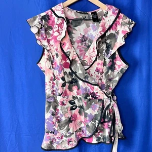 Axcess Floral Adjustable Wrap Ruffle Blouse Sz Large Womens Flutter Sleeve Top - Picture 1 of 10