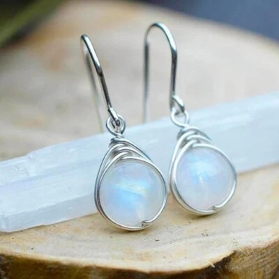 925 Silver Moonstone Earrings Boho Dangle Natural Stone Hook Drop Women Gift New - Image 1 of 4