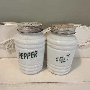 Vintage Hazel Atlas White Milk Glass Salt & Pepper Shakers W Green Writing - Picture 1 of 7