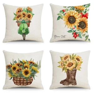 Sunflower Linen Throw Pillow Covers 18x18 Inch Set of 4 Home Decorations gift - Picture 1 of 10