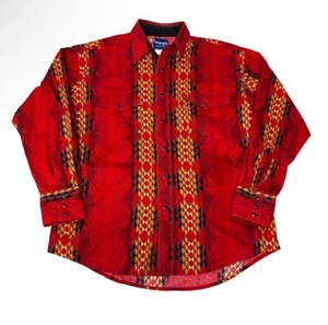 Wrangler Men’s Shirt Sz L Red Aztec Long Sleeve Pearl Snap Vintage Style FZ - Bild 1 von 6