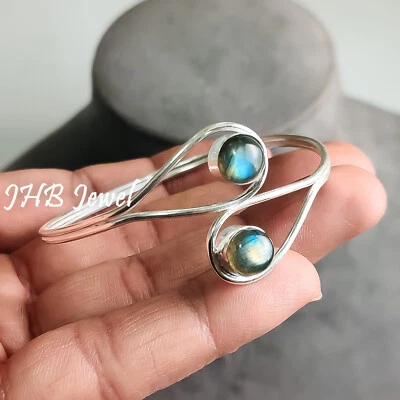 Labradorite Blue Fire Gemstone 925 Sterling Silver Bangle For Birthday Wishes - Image 1 of 4