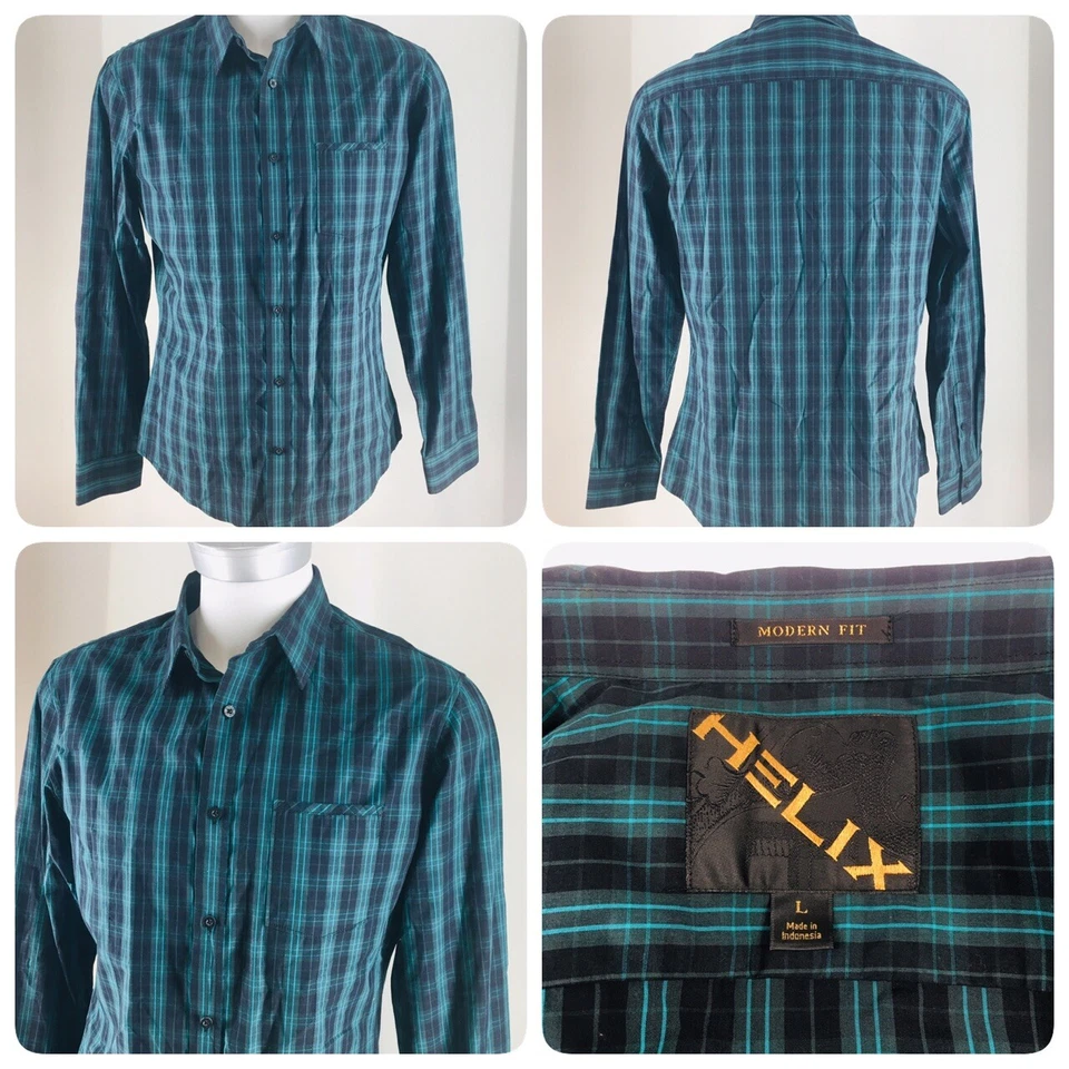 Helix Men's Sz L Modern Fit Green Black Plaid Long Sleeve Button Down Shirt  Bn3 - Image 1 of 4