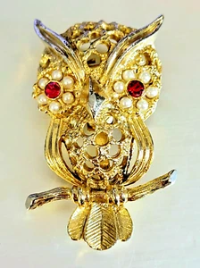 Vintage Gerry’s Eule Brosche Anstecknadel rot Strass Kunstperlen goldfarben durchbrochen - Bild 1 von 13