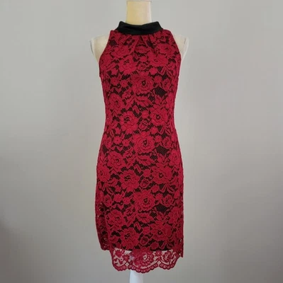WHITE HOUSE BLACK MARKET Size 2 Raspberry Red Lace Bow Tie Neck Cocktail Dress - image 1 of 4