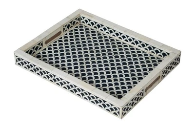 Handcrafted Black & Cream Scallop Bone Inlay Rectangular Tray | Luxury Tray - Image 1 of 4