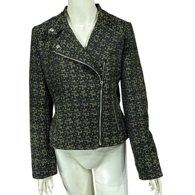 Ann Taylor Jacket Womens 8 Black Green Yellow Chartreuse Tweed Motorcycle Biker - Image 1 of 4