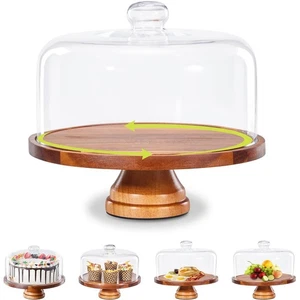 Glass Cake Stand with Lid,11in Wooden Rotating Cake Stand with Dome Cover, Ca... - Foto 1 di 6