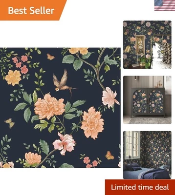 Elegant Dark Blue Floral Vinyl Wallpaper - Transform Your Space Effortlessly - Image 1 of 4