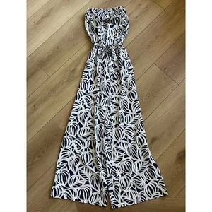 Lilly Pulitzer Strapless Wide Leg Jumpsuit Navy White Palm Leaf Print XS - Picture 1 of 4