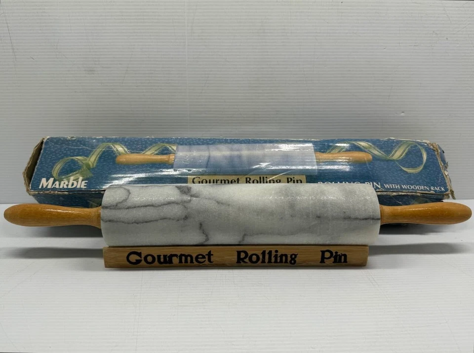 Rodillo gourmet vintage de piedra de mármol con soporte de madera, caja Foto 1 de 4