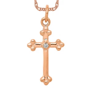 10K Solid Rose Gold Diamond Budded Cross Necklace - Picture 1 of 12