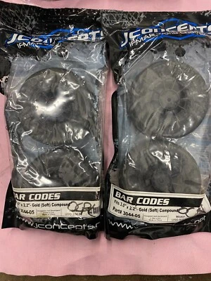 JConcepts Bar Codes (4) Pre-Mounted Tires GOLD Compound - Black 3044-05 NOS! - Image 1 of 3