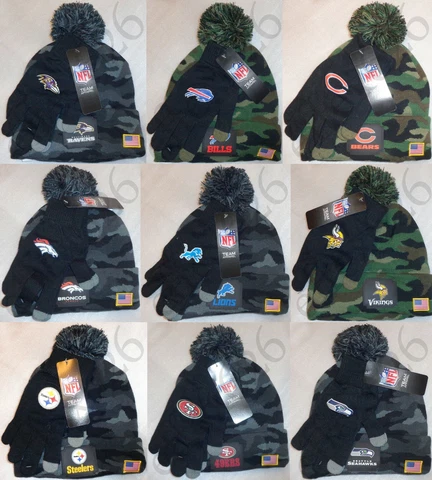 NWT NFL Pom Cuffed Knit Fleece Lined Beanie & Gloves Set Camo Unisex Men Women Cover