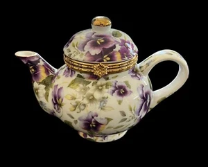 Vintage Baum Brothers Formalities Teapot Purple Pansy Trinket Box Porcelain EUC - Picture 1 of 7