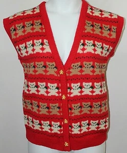The Eagles Eye Red Wool Vest Brown White Teddy Bears Wool Teddy Bear Buttons L - Picture 1 of 7
