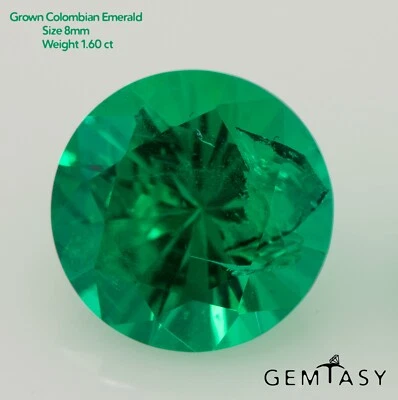 Cut stone - Emerald Colombian hydrothermal lab grown, facet Round 8mm 1.60-1.70c - Image 1 of 4