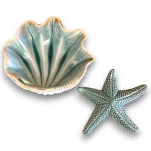 SoHa Living Ceramic Shell Bowl Starfish Dish Set Coastal Aqua Beach House Decor - Picture 1 of 15