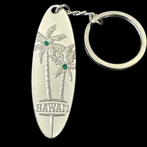 Vintage Hawaii Keychain Souvenir Key Ring Surfboard Metal Silver Tone Palm Trees - Picture 1 of 8