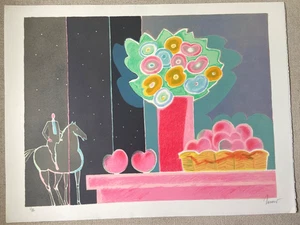 ALBERT ZAVARO ORIGINAL VINTAGE HORSE FLOWERS ART ABSTRACT VINTAGE ARTWORK PRINT - Picture 1 of 5