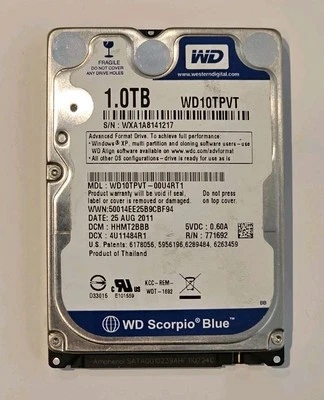 1TB hard drive - Western Digital WD10TPVT Scorpio Blue 2.5" laptop internal HDD - Image 1 of 3