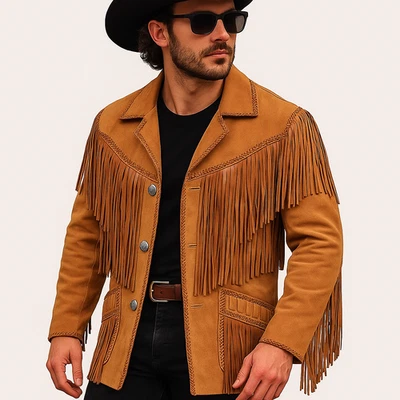 Cowboy Mens Western Suede Fringe Brown Leather Jacket  American S T0 3XL - Image 1 of 4