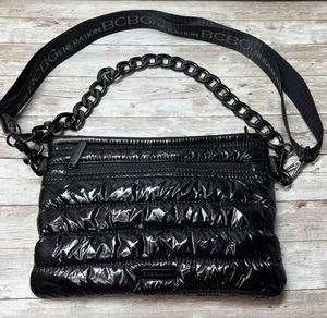 BCBGeneration Shiny Black Puffer Crossbody Bag Spellout Strap w/Chain Strap - Picture 1 of 12