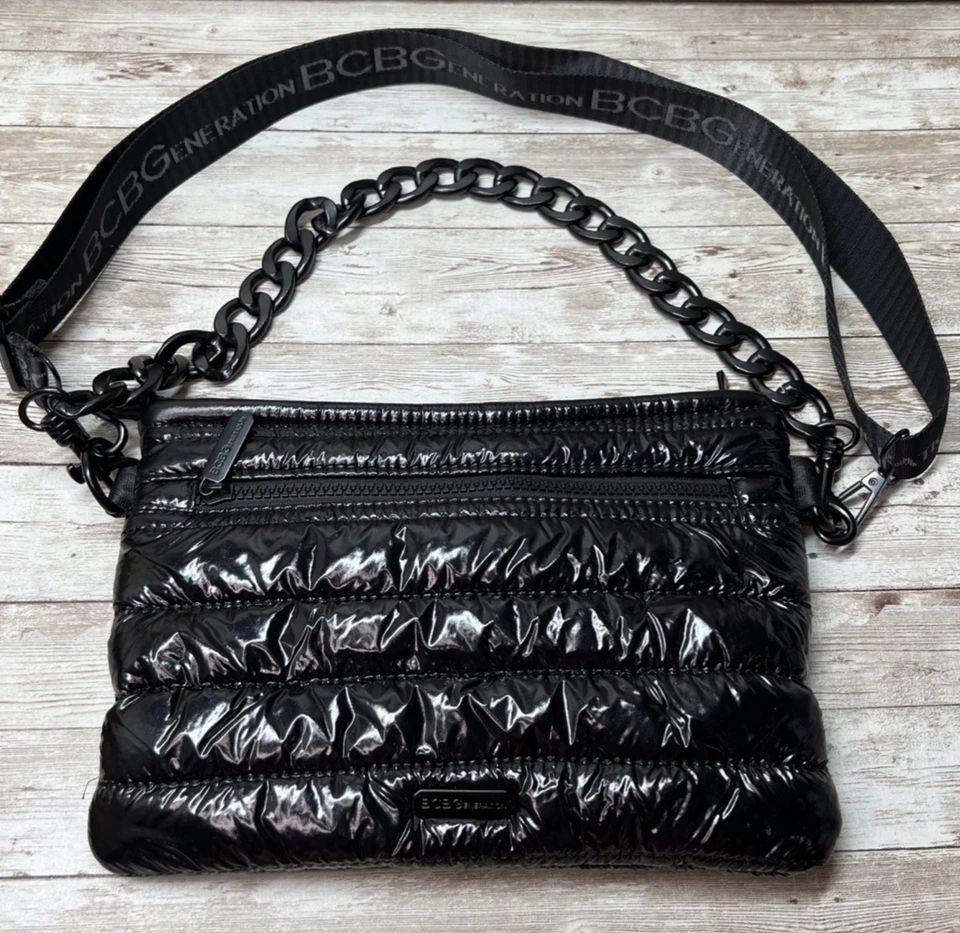 BCBGeneration Shiny Black Puffer Crossbody Bag Spellout Strap w/Chain Strap - Image 1 of 4