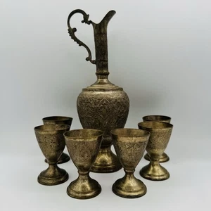Brass Persian Tea Set 6 Cups Goblets - Picture 1 of 5