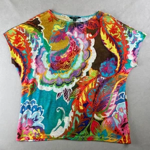Lauren Ralph Lauren Top Wmns Size M Multicolor Paisley Linen Shirt Artsy Boho - Picture 1 of 6