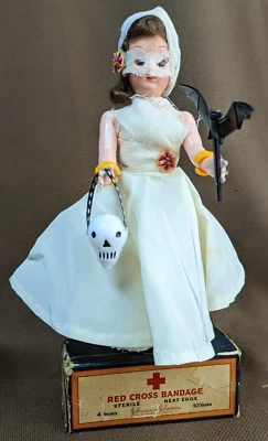 HALLOWEEN Decor Embellished Vintage Doll Vintage Bandage & Box MUMMY - Image 1 of 4